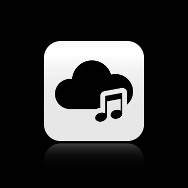 Siyah arka planda yalıtılmış Black Music akış hizmeti simgesi. Ses bulut bilgi işlem, online medya akışı, online şarkı, ses dalgası. Gümüş kare düğme. Vektör İllüstrasyonu