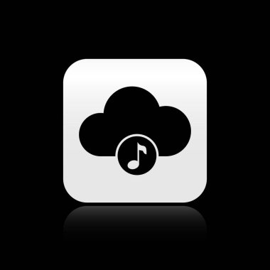 Siyah arka planda yalıtılmış Black Music akış hizmeti simgesi. Ses bulut bilgi işlem, online medya akışı, online şarkı, ses dalgası. Gümüş kare düğme. Vektör İllüstrasyonu