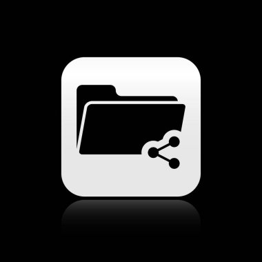 Siyah arka planda yalıtılmış Siyah Paylaşım klasör simgesi. Klasör paylaşımı. Klasör aktarım işareti. Gümüş kare düğme. Vektör İllüstrasyonu