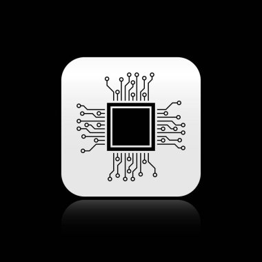 Siyah arka planda yalıtılmış siyah işlemci simgesi. İşlemci, merkezi işlem birimi, mikroçip, mikrodevre, bilgisayar işlemcisi, çip. Gümüş kare düğme. Vektör İllüstrasyonu