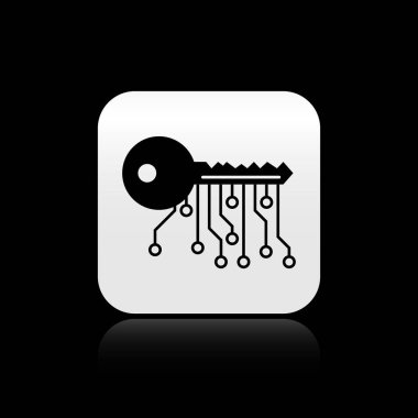 Siyah arka planda yalıtılmış Siyah Cryptocurrency anahtar simgesi. Siber güvenlik veya özel anahtar kavramı, teknoloji arayüzü ile dijital anahtar. Gümüş kare düğme. Vektör İllüstrasyonu