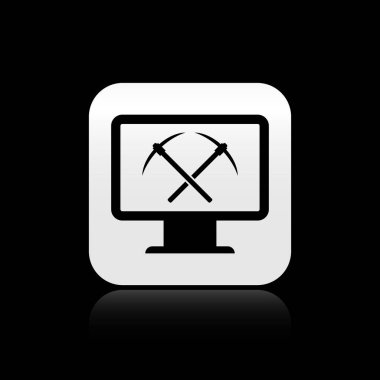 Siyah arka planda izole dizüstü bilgisayar ve kazma simgesi ile Siyah Madencilik kavramı. Blockchain teknolojisi, kripto para madenciliği, dijital para piyasası. Gümüş kare düğme. Vektör İllüstrasyonu