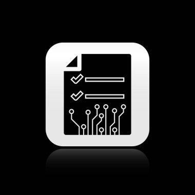 Siyah arka planda yalıtılmış Black Smart sözleşme simgesi. Blockchain teknolojisi, kripto para madenciliği, bitcoin, altcoins, dijital para piyasası. Gümüş kare düğme. Vektör İllüstrasyonu