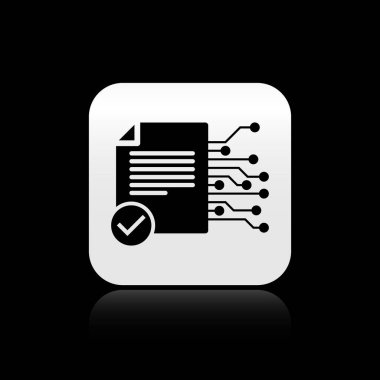 Siyah arka planda yalıtılmış Black Smart sözleşme simgesi. Blockchain teknolojisi, kripto para madenciliği, bitcoin, altcoins, dijital para piyasası. Gümüş kare düğme. Vektör İllüstrasyonu