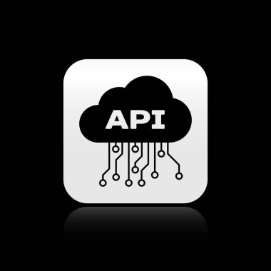Siyah arka planda yalıtılmış Black Cloud api arabirim simgesi. Uygulama programlama arayüzü Api teknolojisi. Yazılım entegrasyonu. Gümüş kare düğme. Vektör İllüstrasyonu