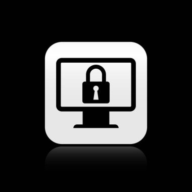 Siyah arka planda yalıtılmış bilgisayar monitörü ekran simgesindeki Siyah Kilit. Monitör ve asma kilit. Güvenlik, güvenlik, koruma konsepti. Güvenli internet çalışması. Gümüş kare düğme. Vektör İllüstrasyonu