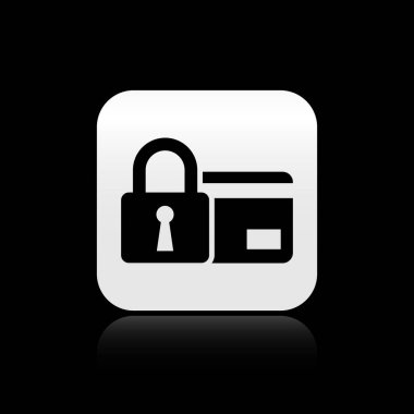 Siyah arka planda yalıtılmış kilit simgesine sahip Siyah Kredi kartı. Kilitli banka kartı. Güvenlik, güvenlik, koruma konsepti. Güvenli bir ödeme kavramı. Gümüş kare düğme. Vektör İllüstrasyonu