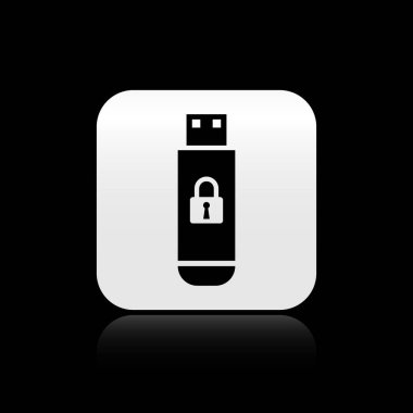 Siyah arka planda izole edilmiş kapalı asma kilit simgesine sahip siyah Usb flash sürücü. Güvenlik, güvenlik, koruma konsepti. Gümüş kare düğme. Vektör İllüstrasyonu