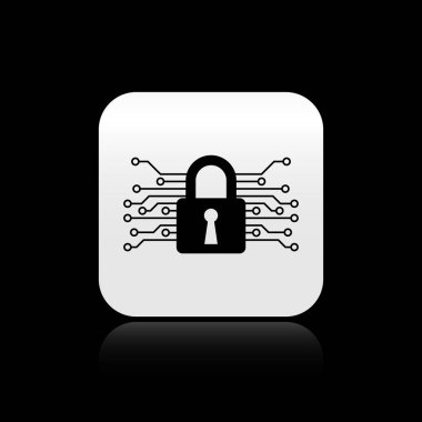 Siyah arka planda yalıtılmış siyah Siber güvenlik simgesi. Dijital devre kartında kapalı asma kilit. Güvenlik konsepti. Dijital veri koruması. Gümüş kare düğme. Vektör İllüstrasyonu