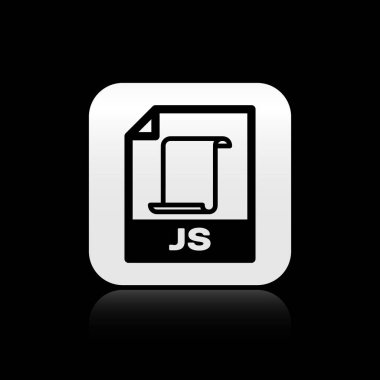 Siyah Js dosya belgesi. Siyah arka planda yalıtılmış js düğme simgesini indirin. Js dosya sembolü. Gümüş kare düğme. Vektör İllüstrasyonu