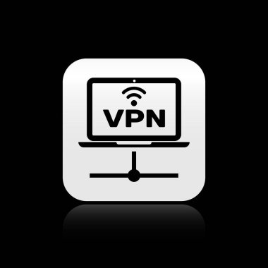 Siyah arka planda yalıtılmış Siyah Vpn Bilgisayar ağ simgesi. Dizüstü bilgisayar ağı. İnternet bağlantısı. Gümüş kare düğme. Vektör İllüstrasyonu