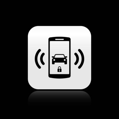 Siyah arka planda yalıtılmış Siyah Akıllı araba alarm sistemi simgesi. Akıllı telefon kablosuz araç güvenliğini kontrol eder. Gümüş kare düğme. Vektör İllüstrasyonu