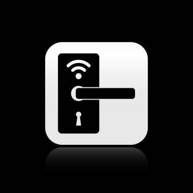 Siyah arka planda yalıtılmış simge kilidini açmak için kablosuz teknolojiye sahip Siyah Dijital kapı kilidi. Kapı kolu işareti. Güvenlik akıllı ev. Gümüş kare düğme. Vektör İllüstrasyonu