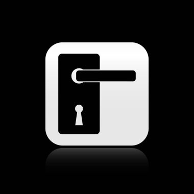 Siyah arka planda yalıtılmış siyah kapı tutamak simgesi. Kapı kilidi tabelası. Gümüş kare düğme. Vektör İllüstrasyonu