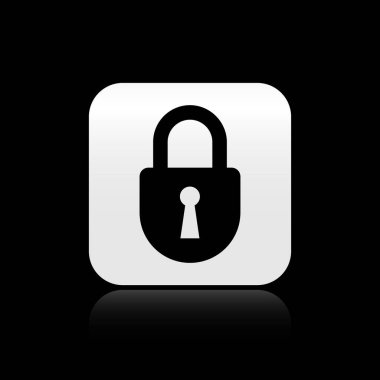 Siyah arka planda yalıtılmış Siyah Kilit simgesi. Asma kilit işareti. Güvenlik, güvenlik, koruma, gizlilik kavramı. Gümüş kare düğme. Vektör İllüstrasyonu