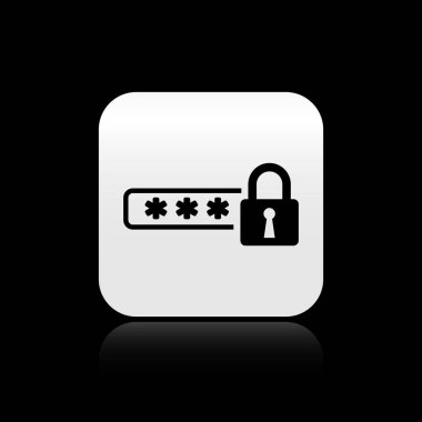 Siyah arka planda yalıtılmış Siyah Parola koruması ve güvenlik erişim simgesi. Simgeyi kilitleyin. Güvenlik, güvenlik, koruma, gizlilik kavramı. Gümüş kare düğme. Vektör İllüstrasyonu