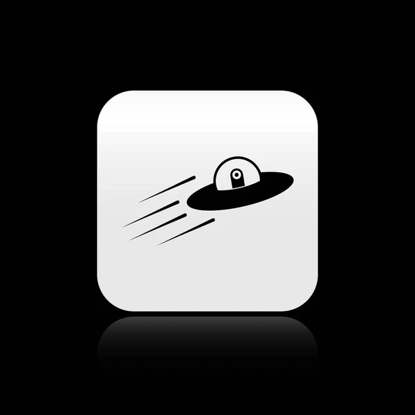 Nave espacial voadora OVNI preta e ícone alienígena isolado em fundo preto. Um disco voador. Nave espacial alienígena. Objeto voador desconhecido futurista. Botão quadrado de prata. Ilustração vetorial — Vetor de Stock