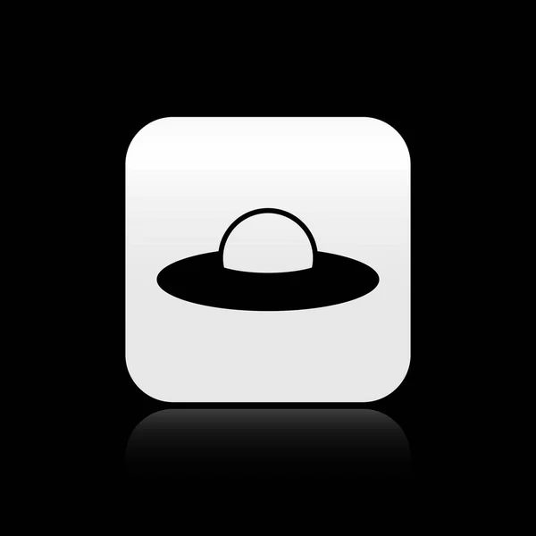 Icono de la nave espacial negra UFO volando aislado sobre fondo negro. Platillo volador. Nave espacial alienígena. Objeto volador desconocido futurista. Botón cuadrado plateado. Ilustración vectorial — Vector de stock
