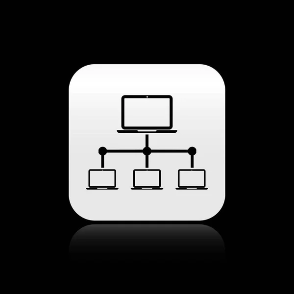 Чорна комп'ютерна мережа ікона ізольована на чорному фоні. Мережі ноутбука. Підключення до Інтернету. Срібна квадратна кнопка. Векторна ілюстрація — стоковий вектор