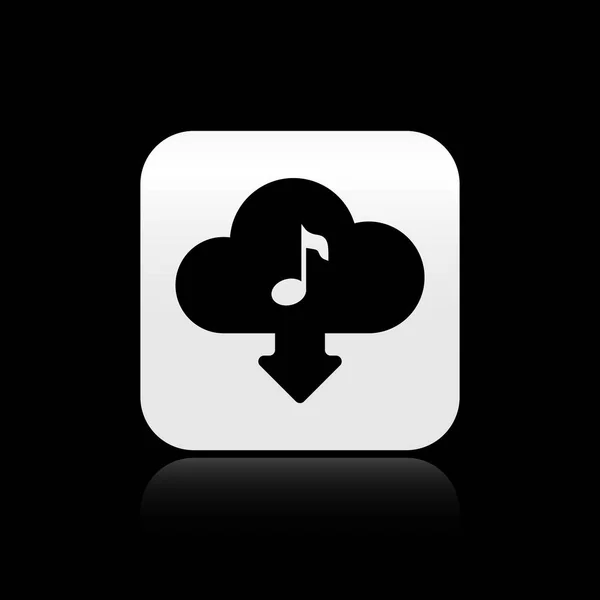 Black Cloud descargar icono de música aislado en el fondo negro. Servicio de transmisión de música, computación en nube de sonido, transmisión de medios en línea, onda de audio. Botón cuadrado plateado. Ilustración vectorial — Vector de stock