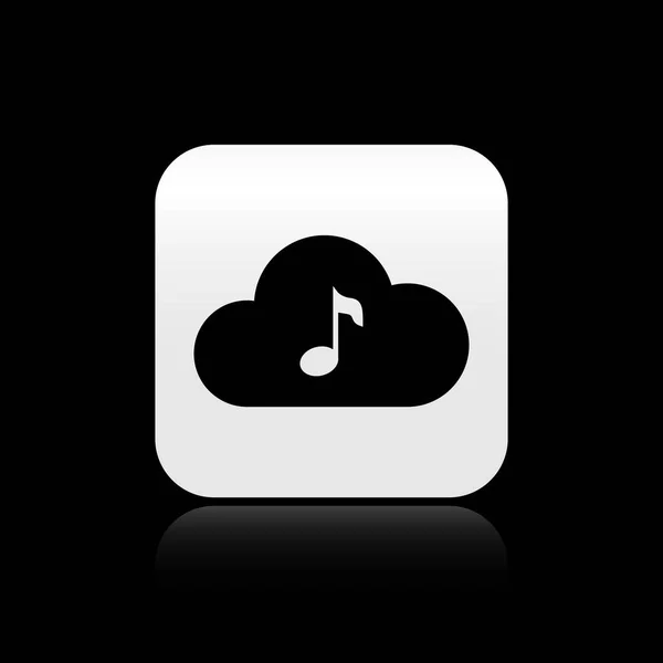 Ícone de serviço de streaming de música preta isolado no fundo preto. Computação em nuvem de som, streaming de mídia online, música online, onda de áudio. Botão quadrado de prata. Ilustração vetorial — Vetor de Stock