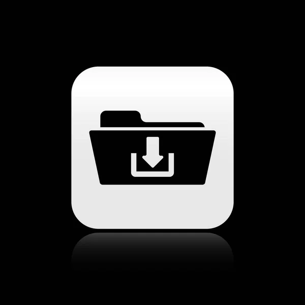 Carpeta negra icono de descarga aislado sobre fondo negro. Botón cuadrado plateado. Ilustración vectorial — Vector de stock