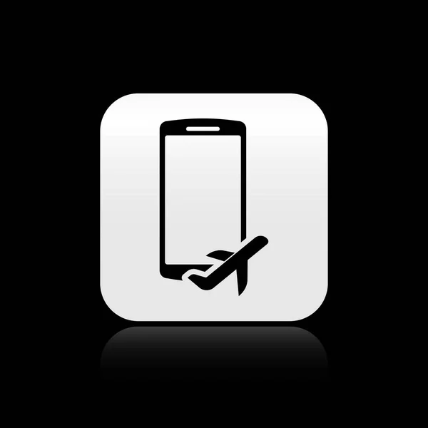 Black Flight mode in the mobile phone icon isolated on black background. Airplane or aeroplane flight offline mode passenger regulation airline . Silver square button. Vector Illustration — Stock Vector