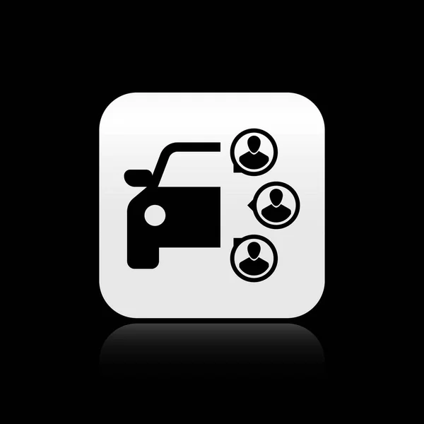 Black Car sharing with group of people icon isolated on black background. Carsharing sign. Transport renting service concept. Silver square button. Vector Illustration — Stock Vector