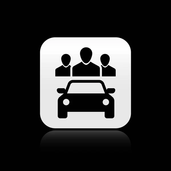 黑色汽车共享与一组人图标孤立在黑色背景。汽车共享标志。运输租赁服务理念。银色方形按钮。矢量插图 — 图库矢量图片