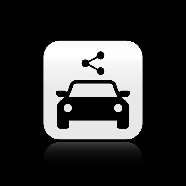 黑色汽车共享图标孤立在黑色背景。汽车共享标志。运输租赁服务理念。银色方形按钮。矢量插图 — 图库矢量图片