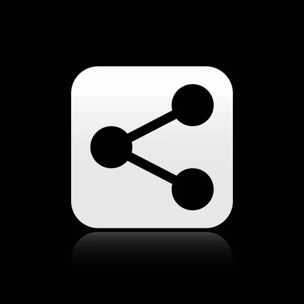 Μαύρο εικονίδιο Share απομονώνεται σε μαύρο φόντο. Κοινή χρήση, κοινή χρήση, εικονόγραμμα επικοινωνίας, μέσα κοινωνικής δικτύωσης, σύνδεση, δίκτυο, διανομή σημείου. Ασημί τετράγωνο κουμπί. Απεικόνιση διανυσματικών φορέων — Διανυσματικό Αρχείο