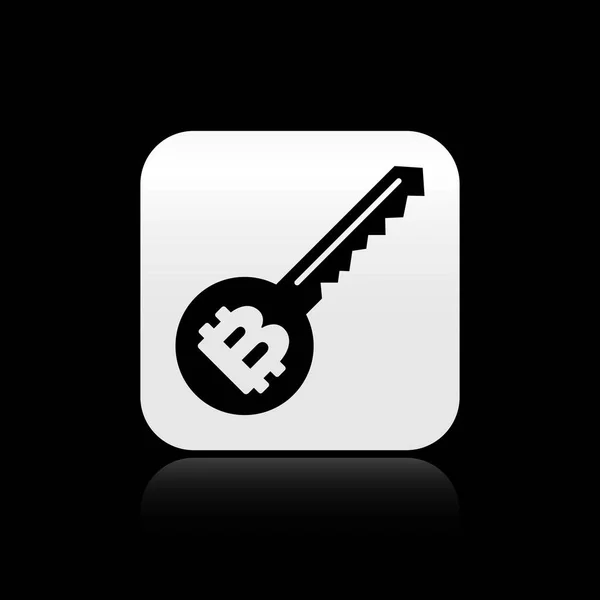 Icône de clé de crypto-monnaie noire isolée sur fond noir. Concept de cybersécurité ou clé privée, clé numérique avec interface technologique. Bouton carré argenté. Illustration vectorielle — Image vectorielle