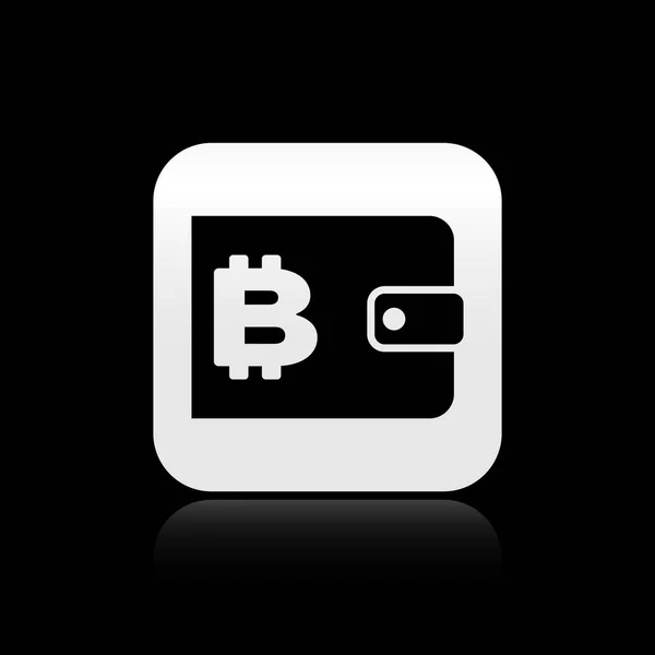 Black Cryptocurrency wallet icon isolated on black background. Wallet and bitcoin sign. Mining concept. Money, payment, cash, pay icon. Silver square button. Vector Illustration — Stock Vector