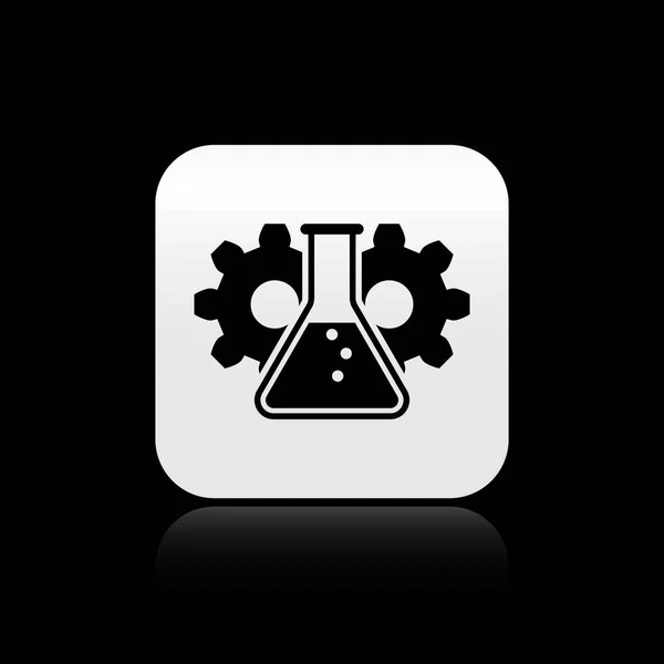 Icono de bioingeniería negra aislado sobre fondo negro. Elemento del icono de la genética y la bioingeniería. Biología, molécula, icono químico. Botón cuadrado plateado. Ilustración vectorial — Vector de stock