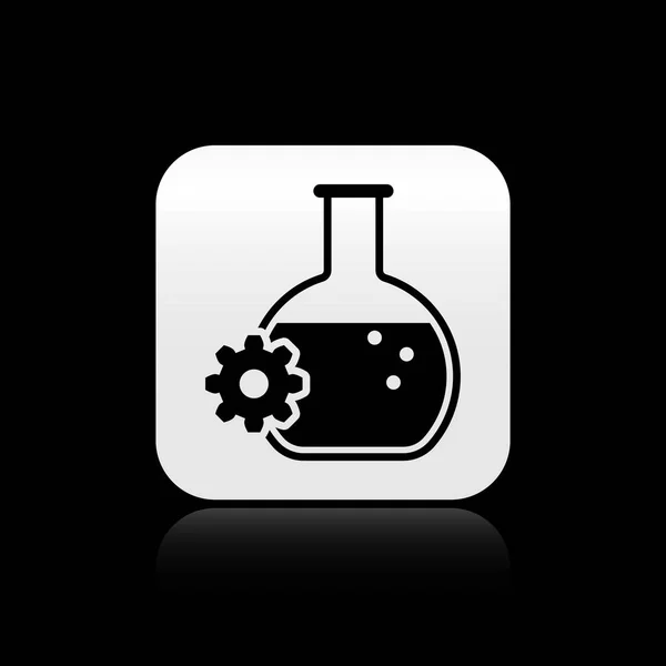 Icono de bioingeniería negra aislado sobre fondo negro. Elemento del icono de la genética y la bioingeniería. Biología, molécula, icono químico. Botón cuadrado plateado. Ilustración vectorial — Vector de stock