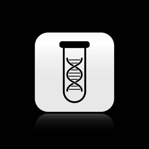 Black DNA research, search icon isolated on black background. Genetic engineering, genetics testing, cloning, paternity testing. Silver square button. Vector Illustration — Stock Vector