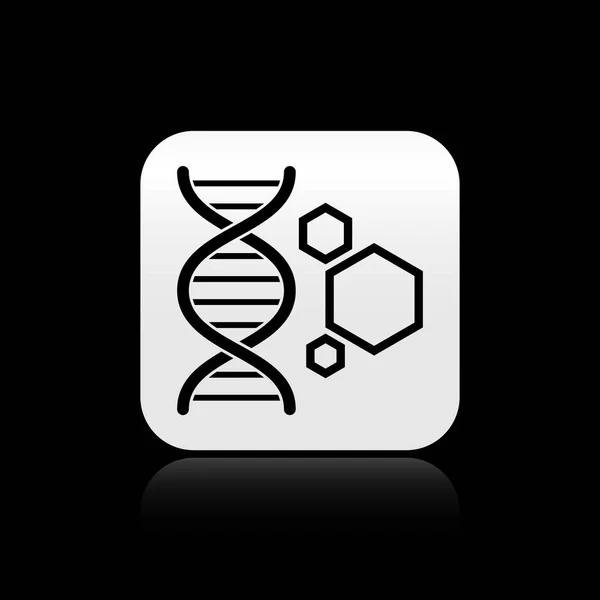 Чорна піктограма генетичної інженерії ізольована на чорному тлі. Аналіз ДНК, тестування генетики, клонування, тестування батьківства. Срібна квадратна кнопка. Векторна ілюстрація — стоковий вектор
