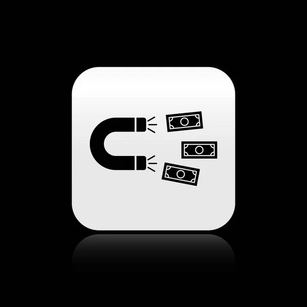 Black Magnet with money icon isolated on black background. Concept of attracting investments, money. Big business profit attraction and success. Silver square button. Vector Illustration — Stock Vector
