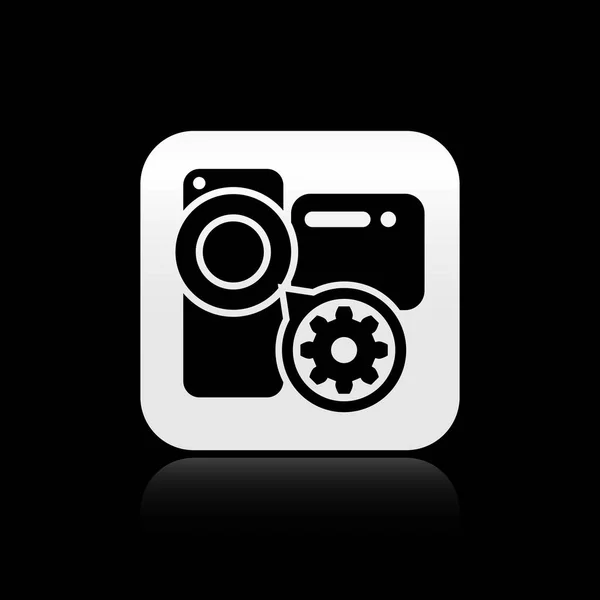 Black Video camera and gear icon isolated on black background. Adjusting app, service concept, setting options, maintenance, repair, fixing. Silver square button. Vector Illustration — Stock Vector