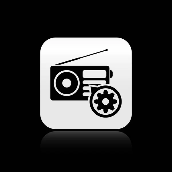 Black Radio with antenna and gear icon isolated on black background. Adjusting app, service concept, setting options, maintenance, repair, fixing. Silver square button. Vector Illustration — Stock Vector