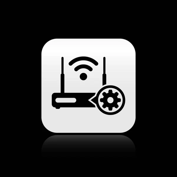 Zwarte router en Wi-Fi-signaal en tandwielpictogram geïsoleerd op zwarte achtergrond. Aanpassen van de app, service concept, instelmogelijkheden, onderhoud, reparatie, vaststelling. Zilveren vierkante knop. Vector illustratie — Stockvector