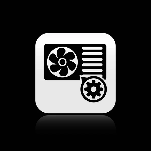 Black Air conditioner and gear icon isolated on black background. Adjusting app, service concept, setting options, maintenance, repair, fixing. Silver square button. Vector Illustration — Stock Vector