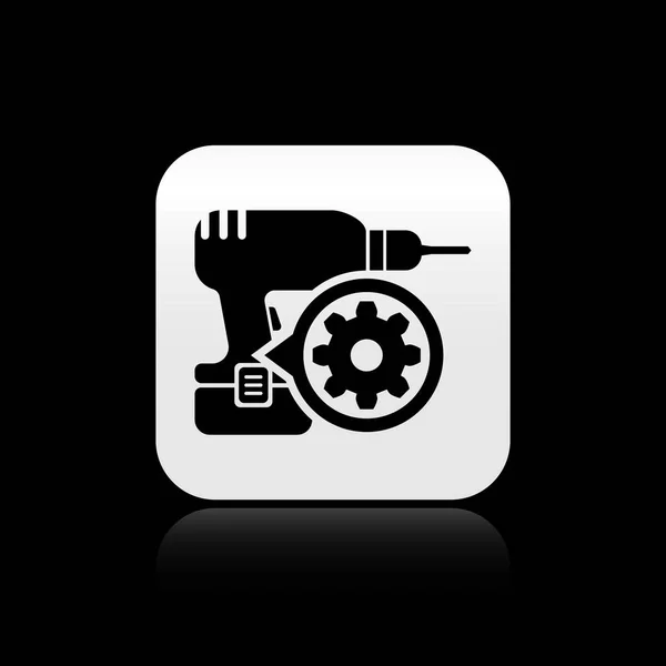 Black Drill machine and gear icon isolated on black background. Adjusting app, service concept, setting options, maintenance, repair, fixing. Silver square button. Vector Illustration — Stock Vector