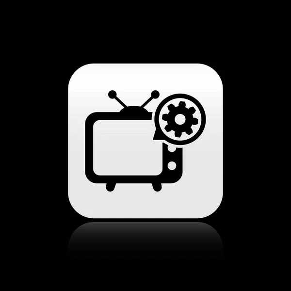 Icône TV et engrenage noir isolé sur fond noir. Concept de service de télévision. Réglage app, options de réglage, maintenance, réparation, fixation. Bouton carré argenté. Illustration vectorielle — Image vectorielle