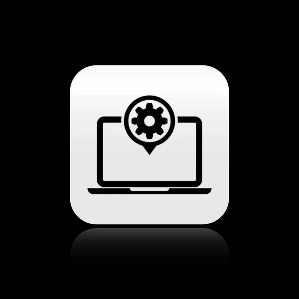 Icono de ordenador portátil y engranaje negro aislado sobre fondo negro. Concepto de servicio de computadora portátil. Ajustar la aplicación, opciones de configuración, mantenimiento, reparación, fijación. Botón cuadrado plateado. Ilustración vectorial — Archivo Imágenes Vectoriales