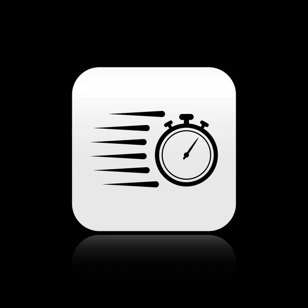Schwarzes Stoppuhrsymbol isoliert auf schwarzem Hintergrund. Zeitzeichen. Chronometerzeichen. Silberner quadratischer Knopf. Vektorillustration — Stockvektor