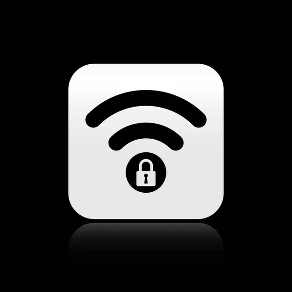 Icône de signe verrouillé Wifi noir isolé sur fond noir. Mot de passe symbole Wi-Fi. icône de réseau sans fil. Zone Wifi. Bouton carré argenté. Illustration vectorielle — Image vectorielle