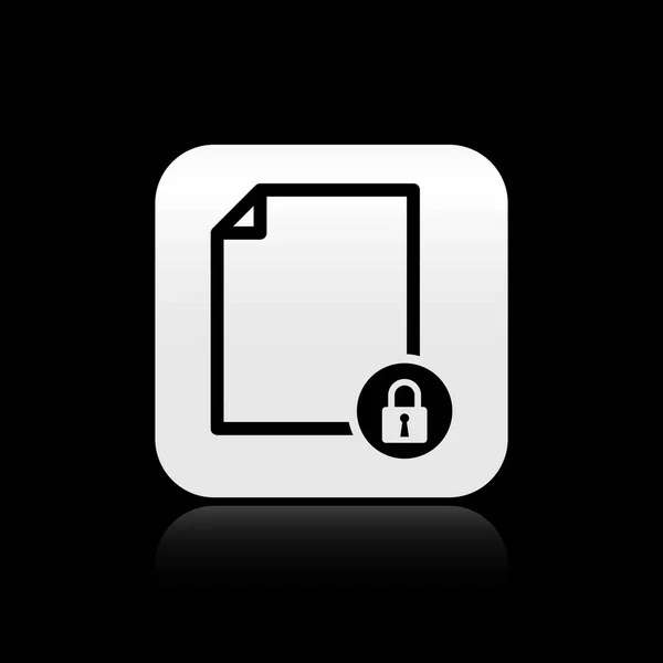 Black Document and lock icon isolated on black background. File format and padlock. Security, safety, protection concept. Silver square button. Vector Illustration — Stock Vector