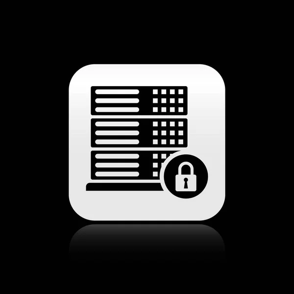 Black Server security with closed padlock icon isolated on black background. Security, safety, protection concept. Silver square button. Vector Illustration — Stock Vector