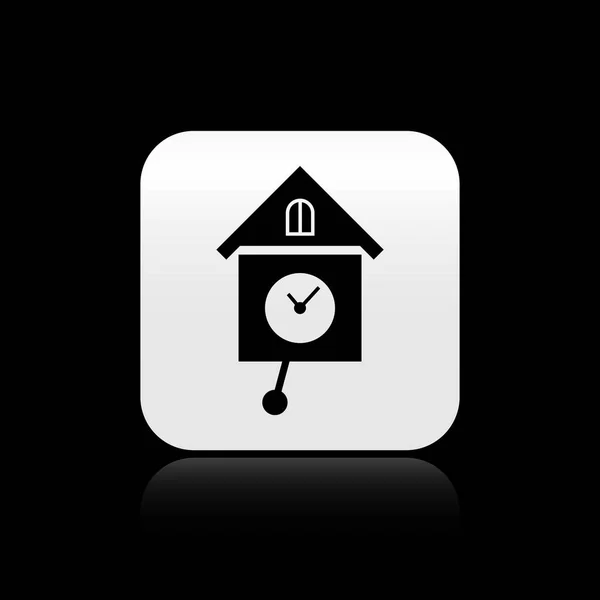 黒のレトロな壁時計のアイコンは、黒の背景に隔離されています。カッコウ時計記号。アンティーク振り子時計。シルバーの正方形のボタン。ベクトルイラストレーション — ストックベクタ
